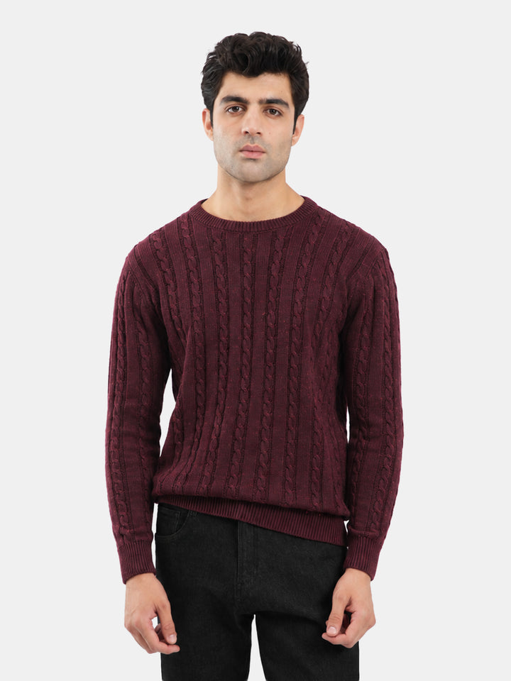 Burgundy Cable Knit Wool Blended Crew Neck Jumper