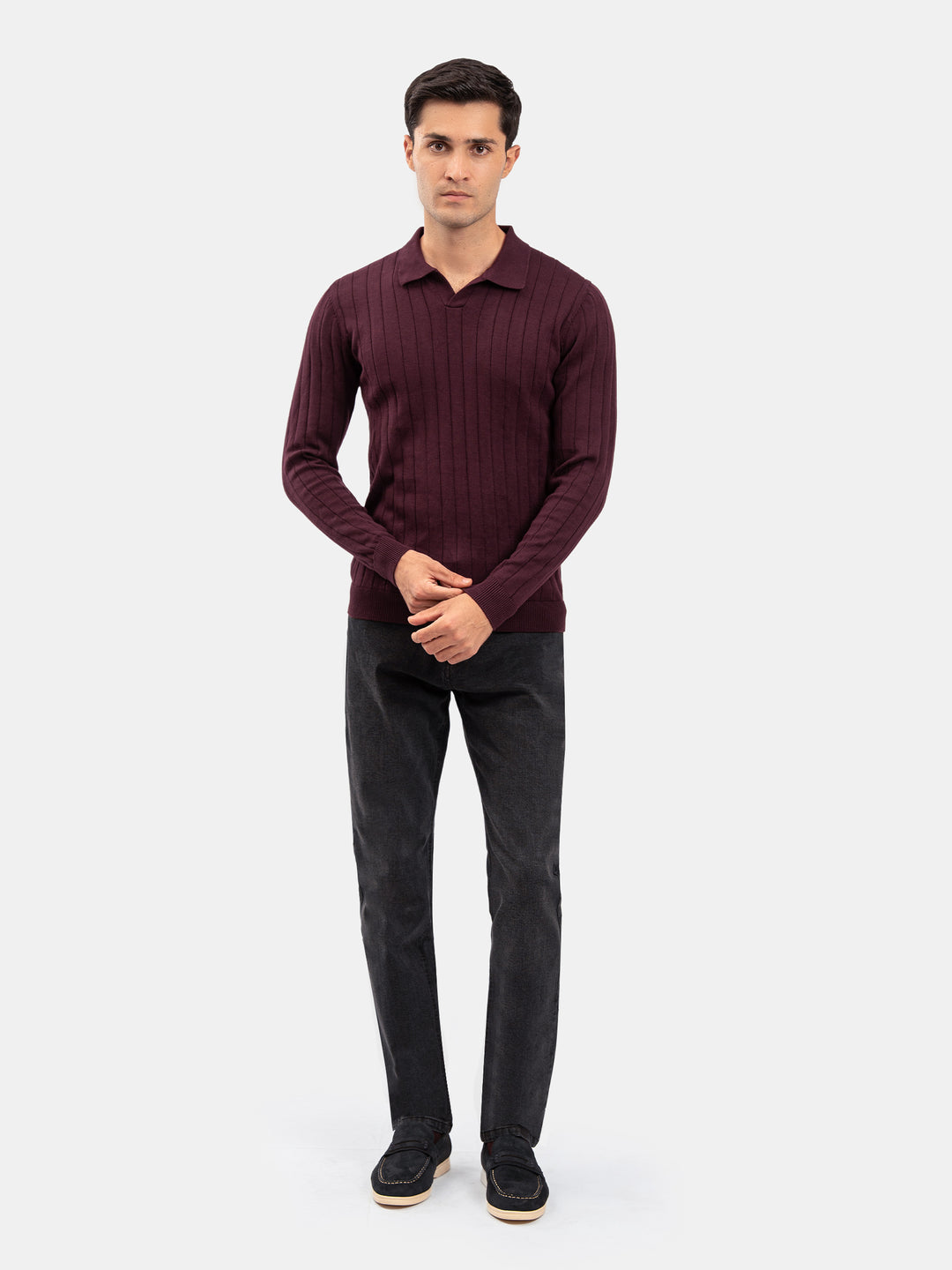 Burgundy Drop Needle Full Sleeve Flat Knit Polo