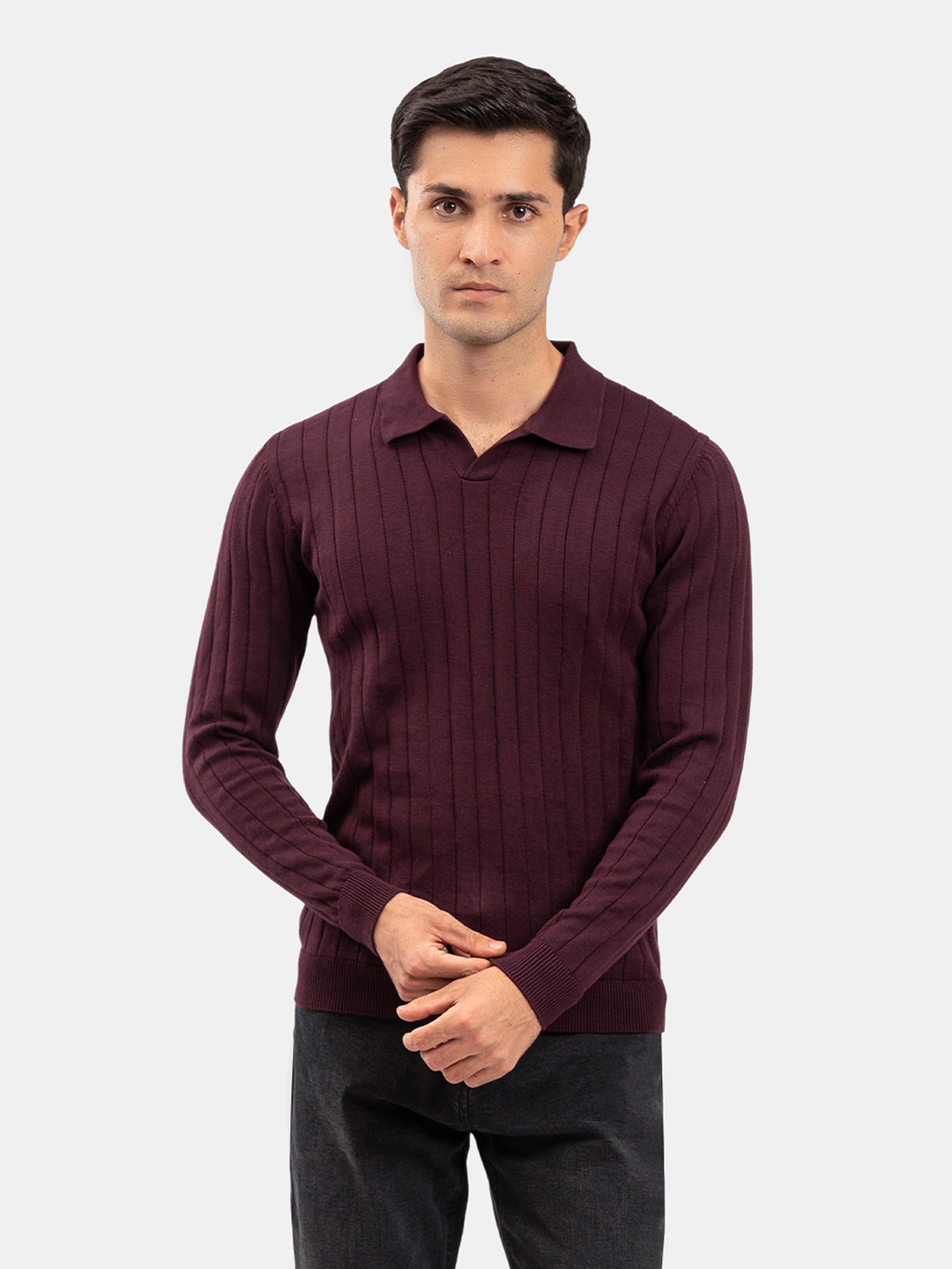 Burgundy Drop Needle Full Sleeve Flat Knit Polo
