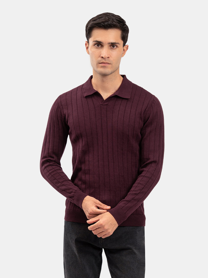 Burgundy Drop Needle Full Sleeve Flat Knit Polo