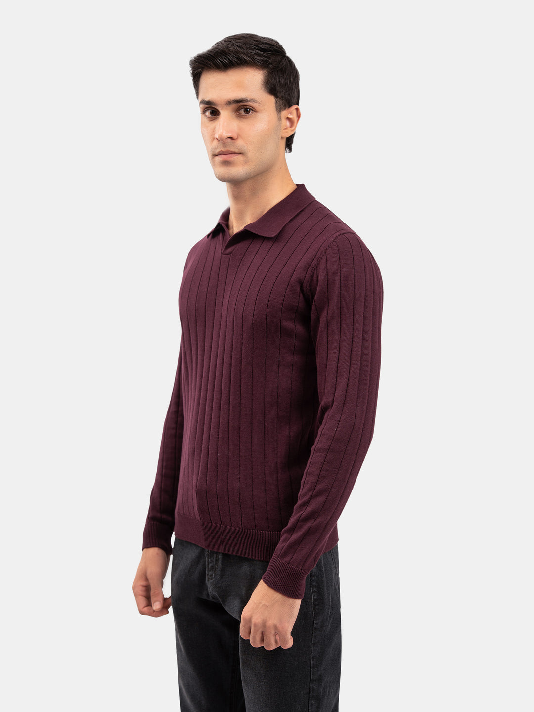 Burgundy Drop Needle Full Sleeve Flat Knit Polo