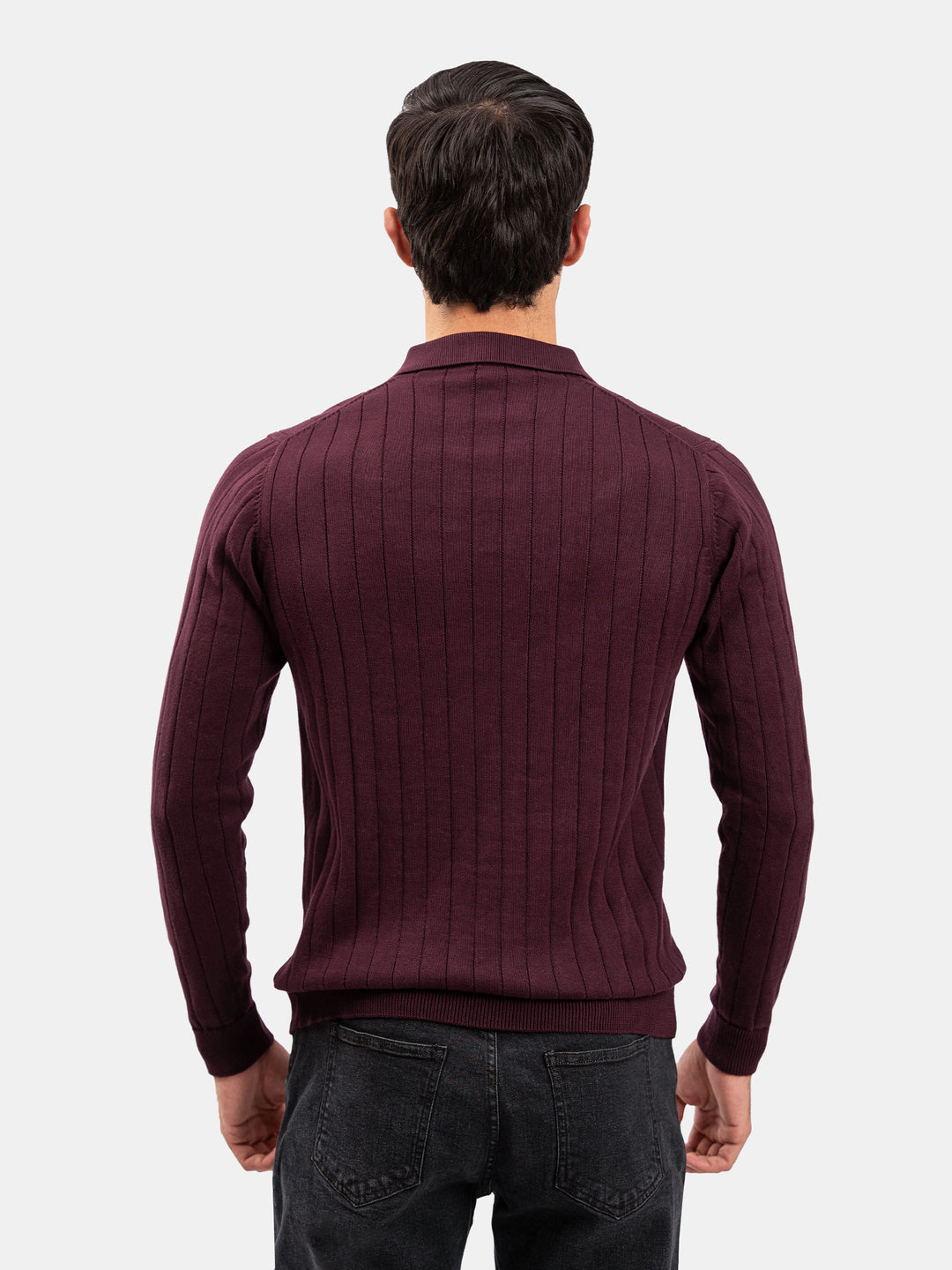 Burgundy Drop Needle Full Sleeve Flat Knit Polo