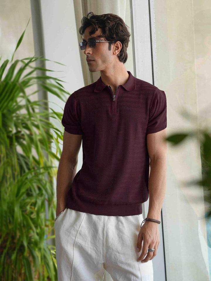 Men's burgundy textured flat knit zipper polo front view