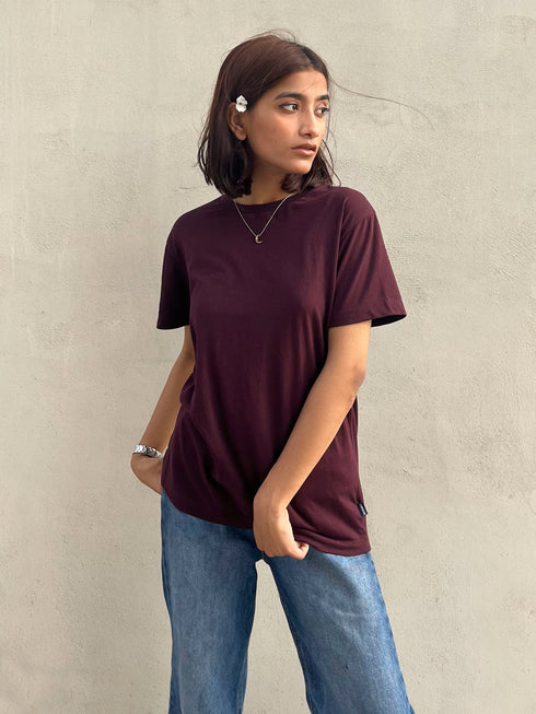 Burgundy 100% Cotton Basic Tee - Women