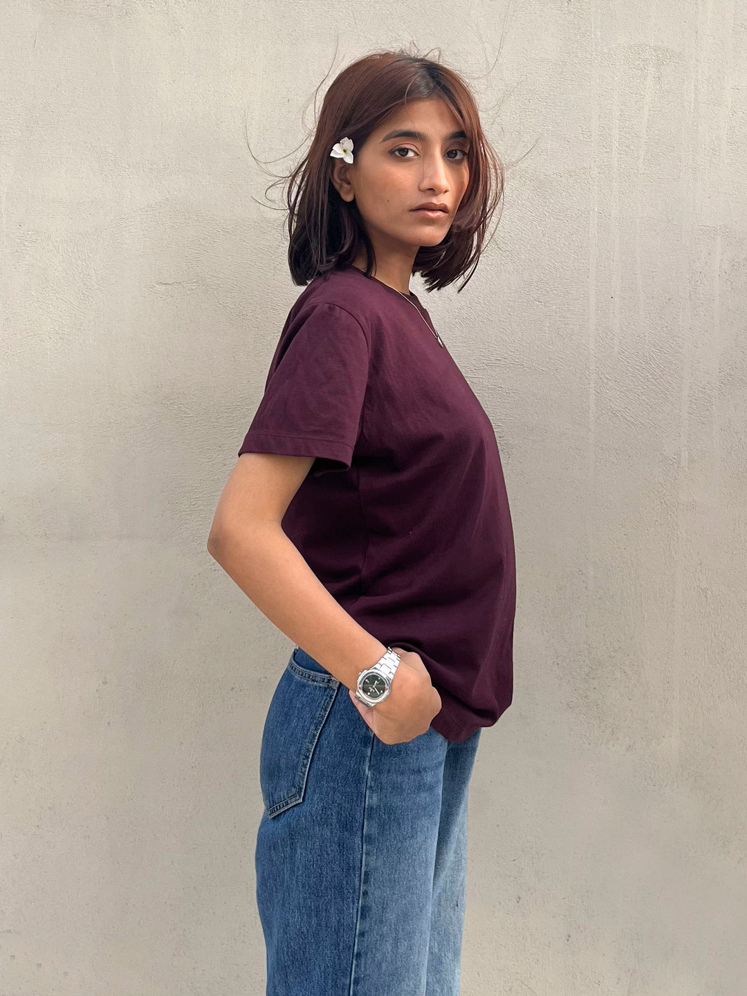 Burgundy 100% Cotton Basic Tee - Women