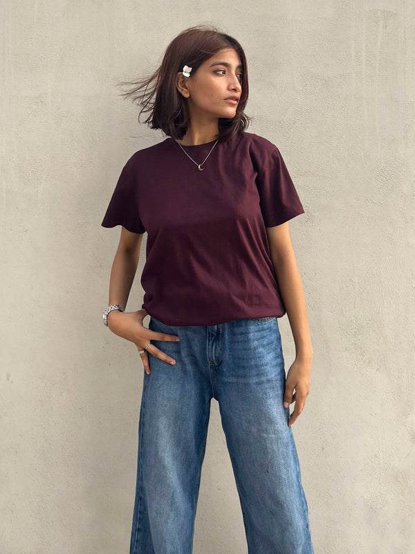 Burgundy 100% Cotton Basic Tee - Women