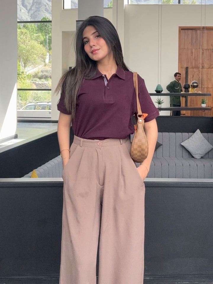 Burgundy 100% Cotton Pique Polo - Women