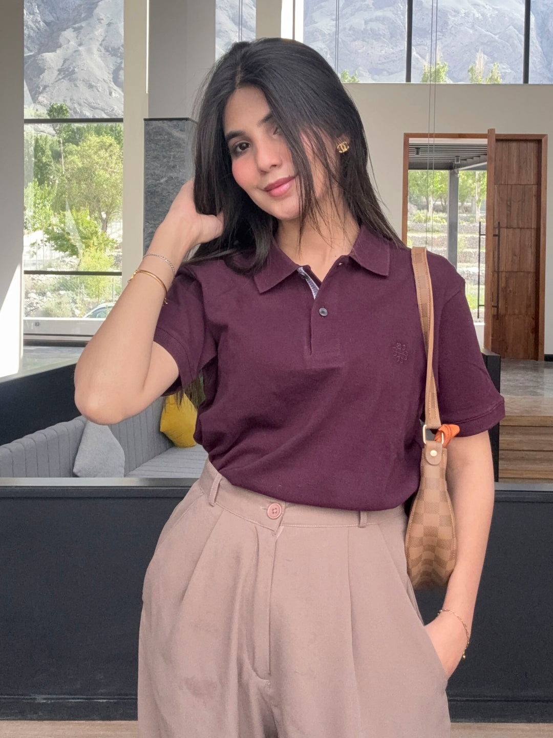 Burgundy 100% Cotton Pique Polo - Women