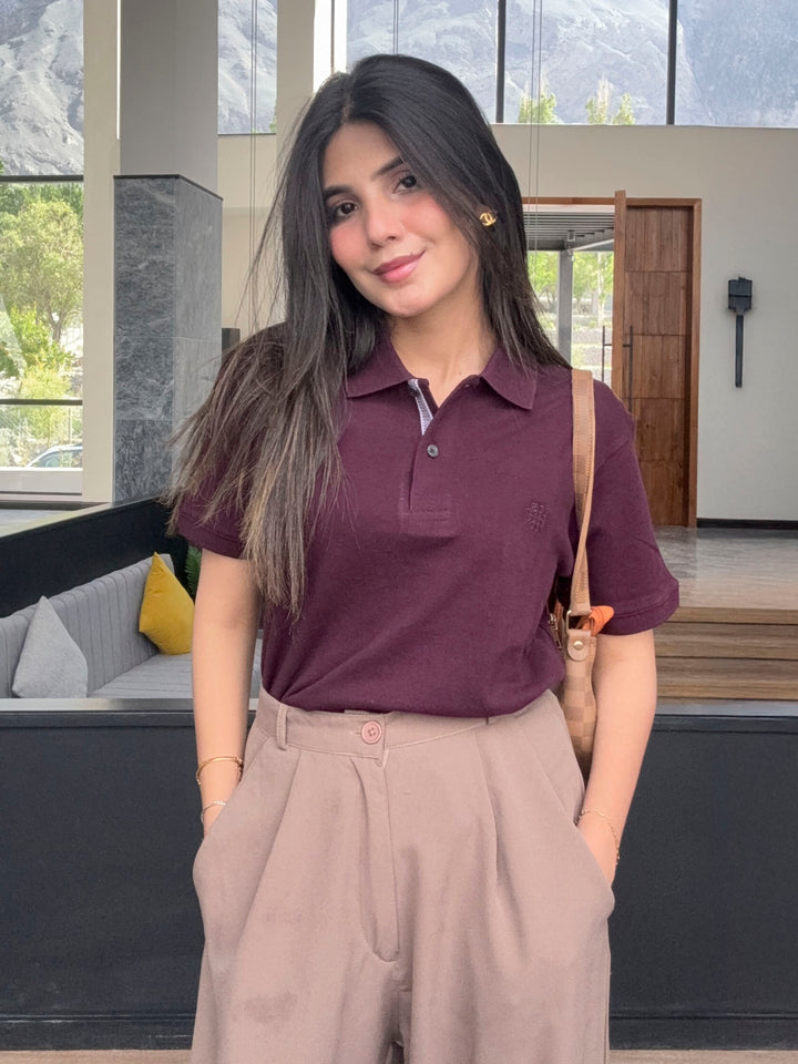 Burgundy 100% Cotton Pique Polo - Women