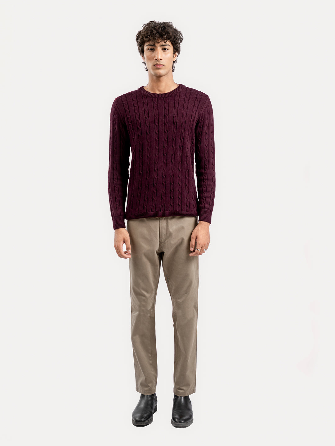 Burgundy Cable Knitted Crew Neck Jumper