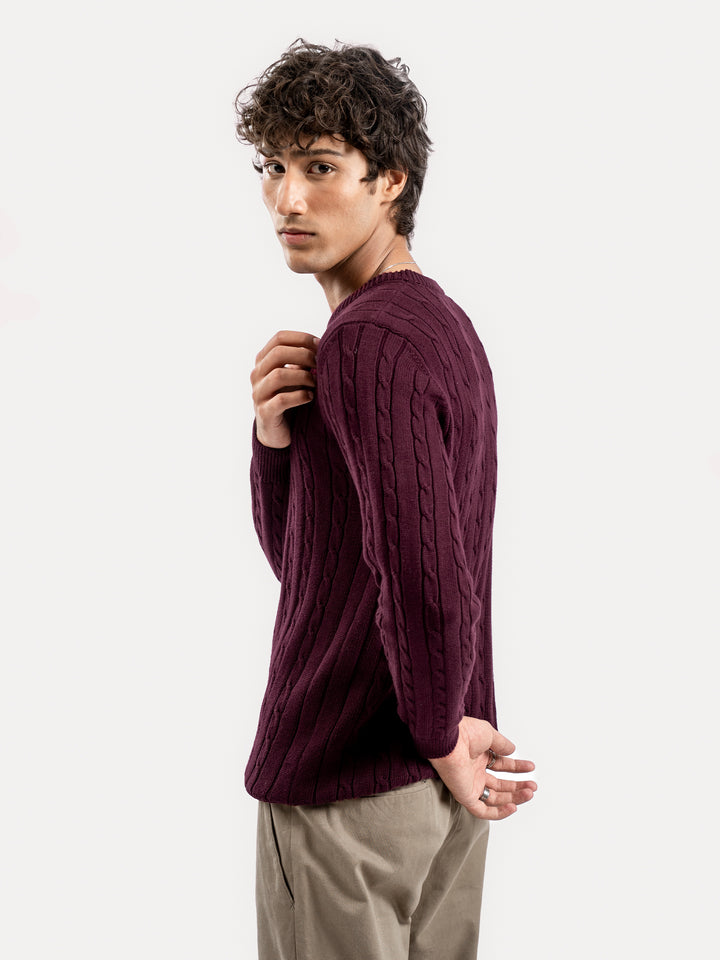 Burgundy Cable Knitted Crew Neck Jumper