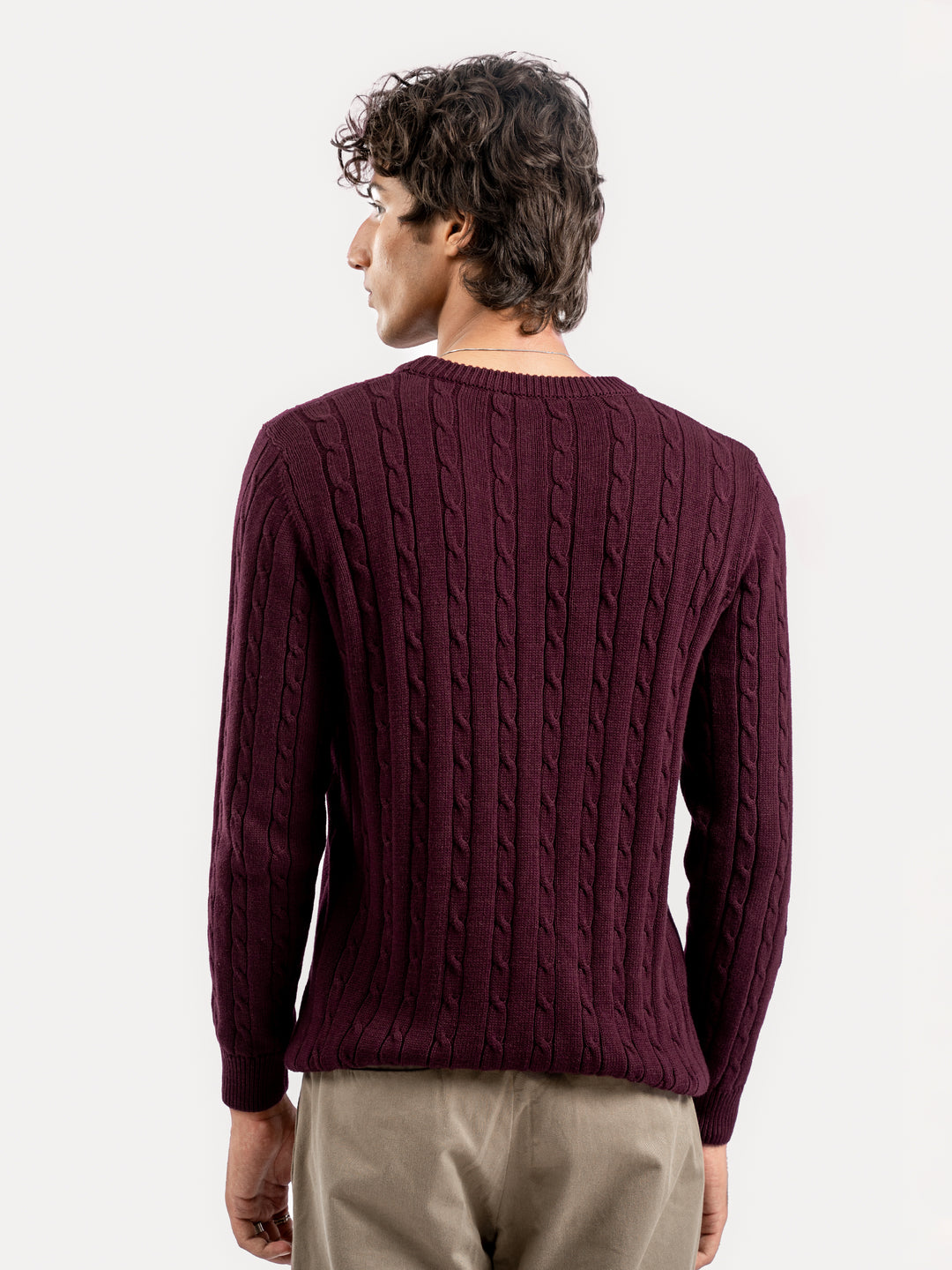 Burgundy Cable Knitted Crew Neck Jumper