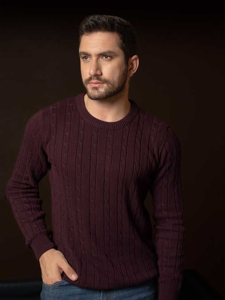Burgundy Cable Knitted Crew Neck Jumper