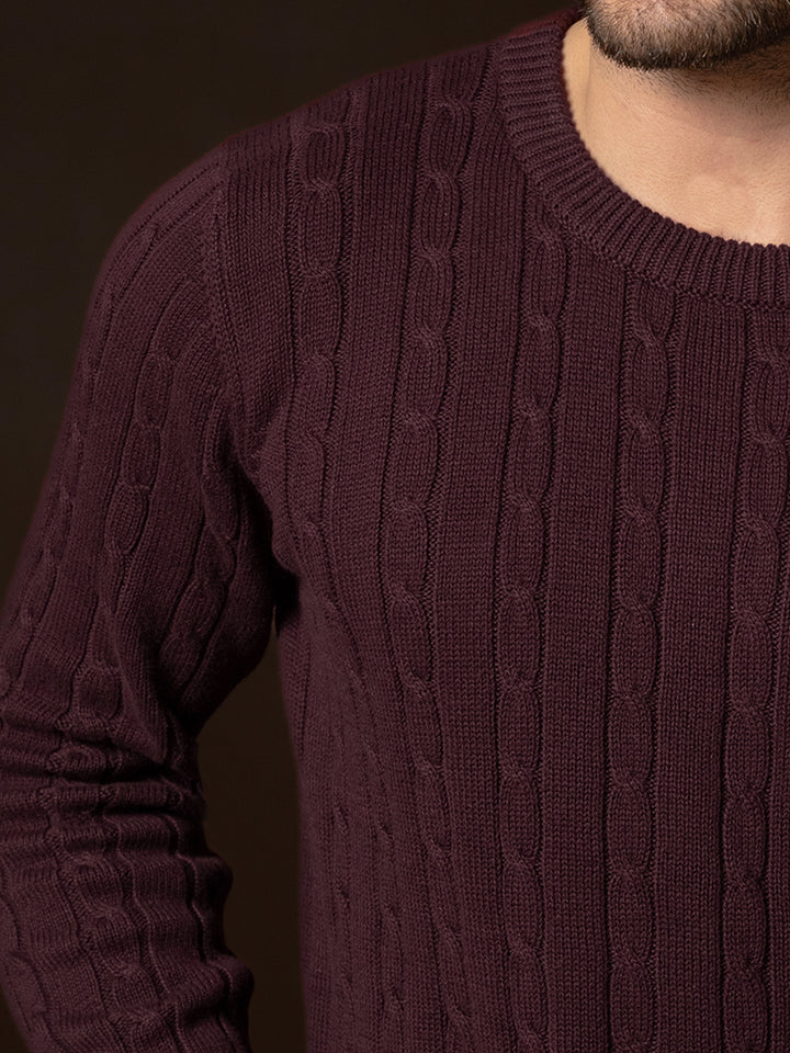 Burgundy Cable Knitted Crew Neck Jumper