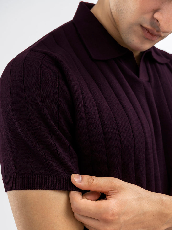 Burgundy Drop Needle Flat Knit Polo