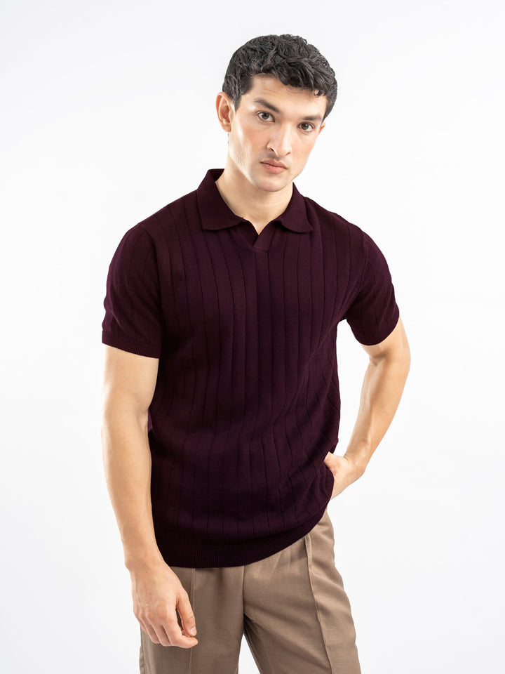 Burgundy Drop Needle Flat Knit Polo