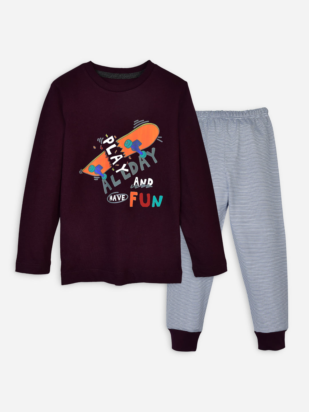 Burgundy graphic t shirt & striped pajama set   pack of 2 brumano pakistan