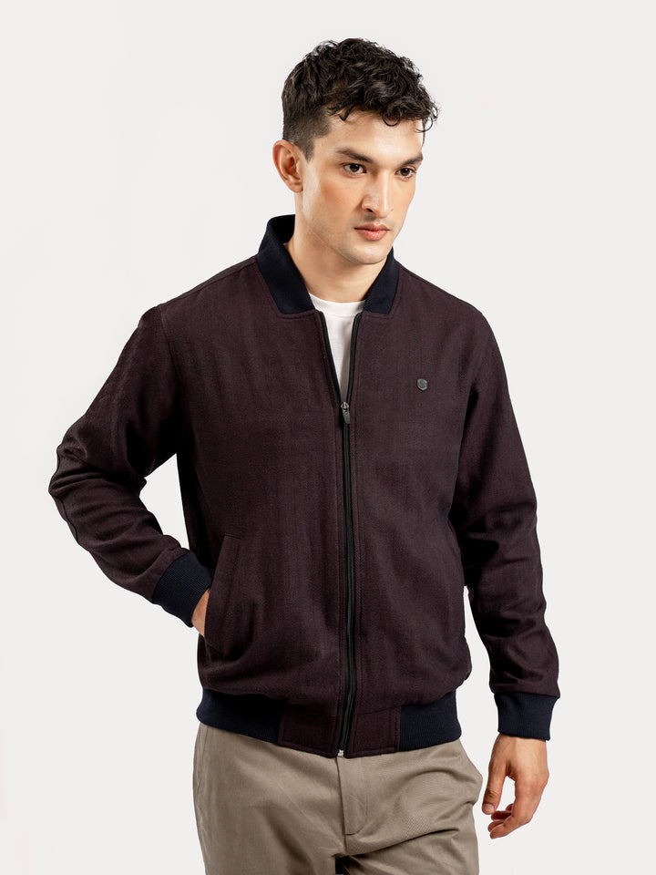 Burgundy Herringbone Structured Bomber Jacket