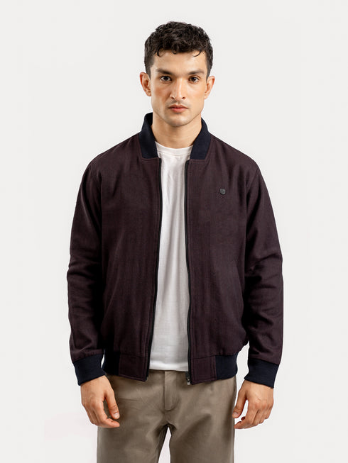 Burgundy Herringbone Structured Bomber Jacket