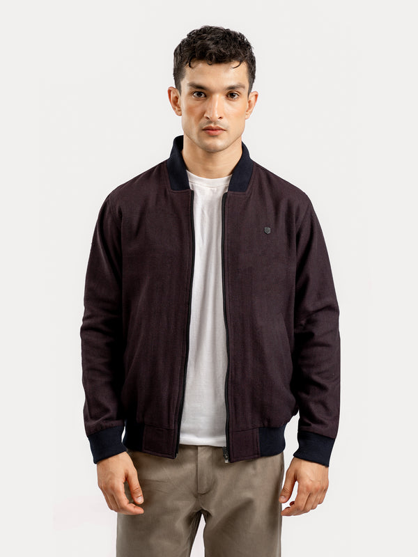 Burgundy Herringbone Structured Bomber Jacket