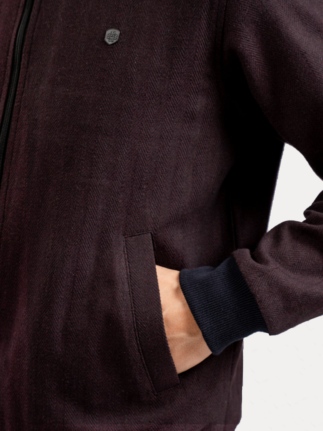 Burgundy Herringbone Structured Bomber Jacket