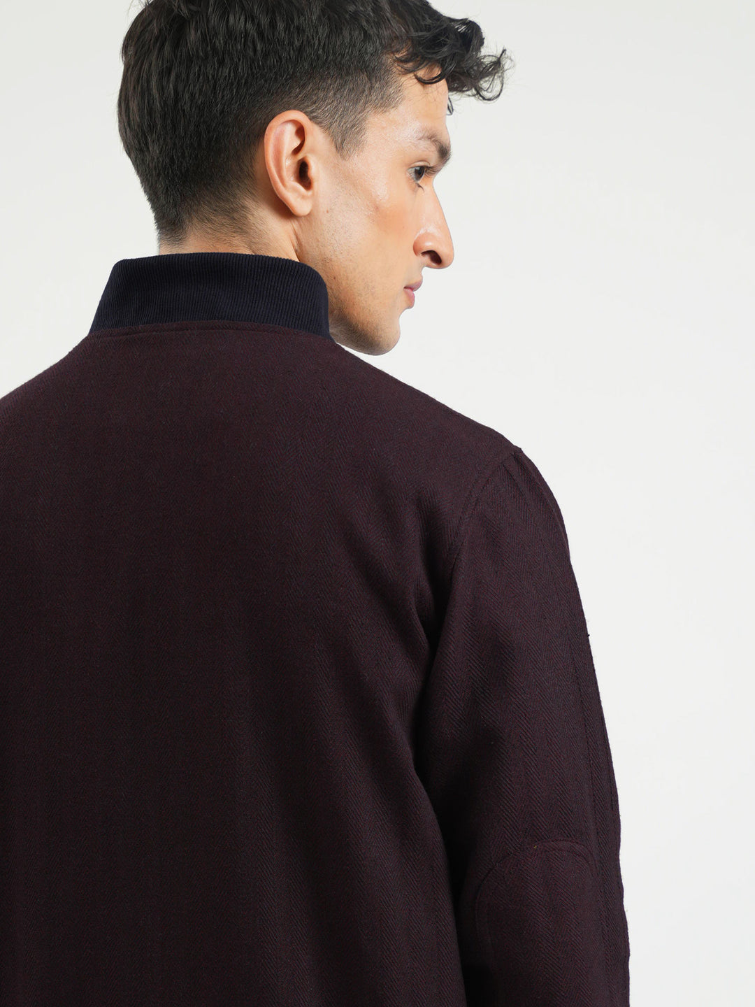 Burgundy Herringbone Structured Bomber Jacket