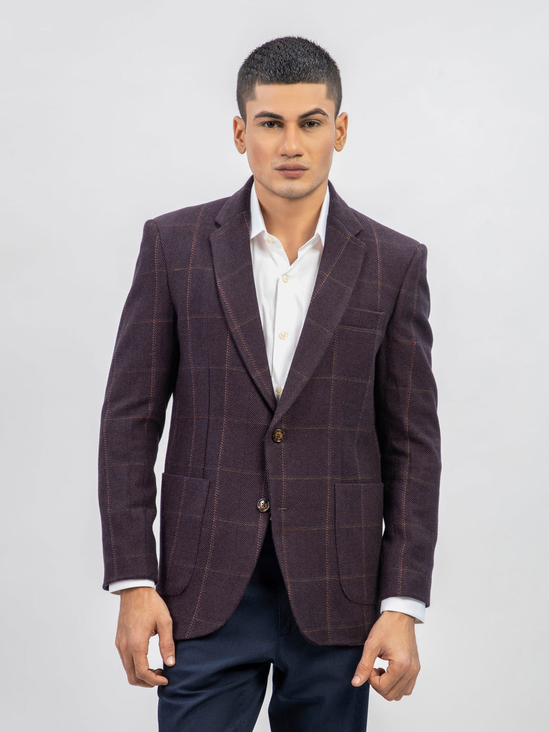 Burgundy herringbone wool & cashmere blazer   sartoria brumano pakistan