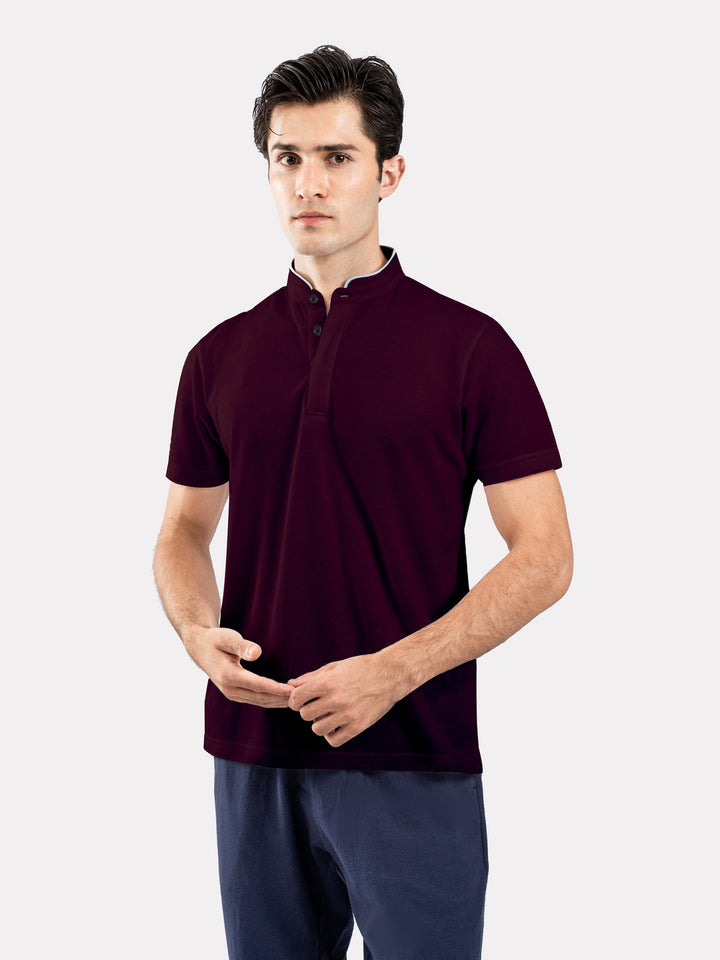 Burgundy Mao Collar Pique Polo