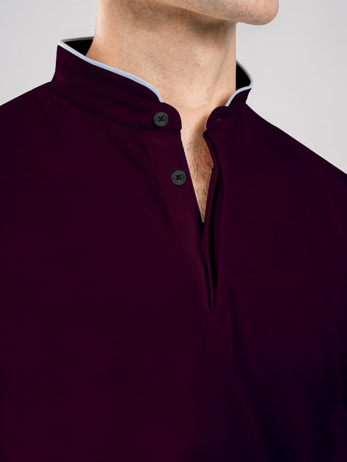 Burgundy Mao Collar Pique Polo