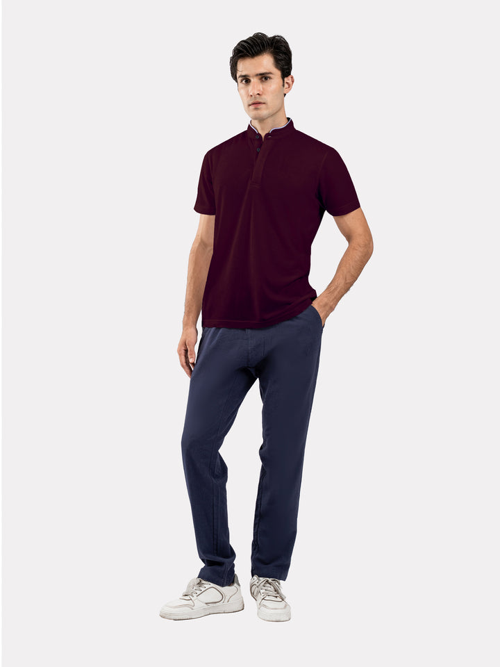 Burgundy Mao Collar Pique Polo