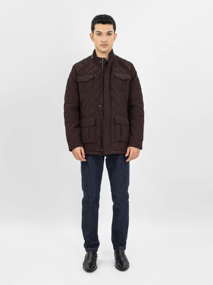 Burgundy Sporty Quilted Long Coat Jacket