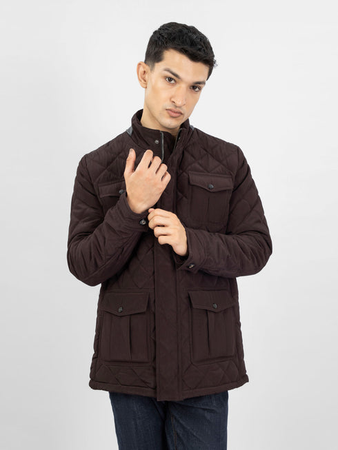 Burgundy Sporty Quilted Long Coat Jacket