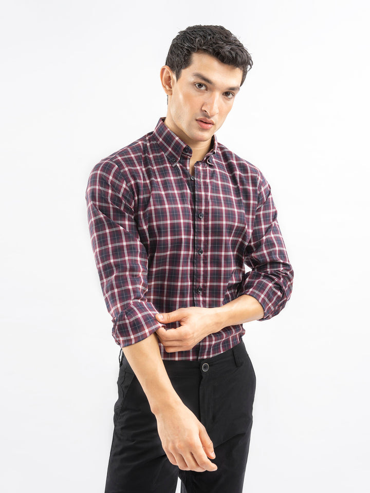 Burgundy Structured Checkered Shirt