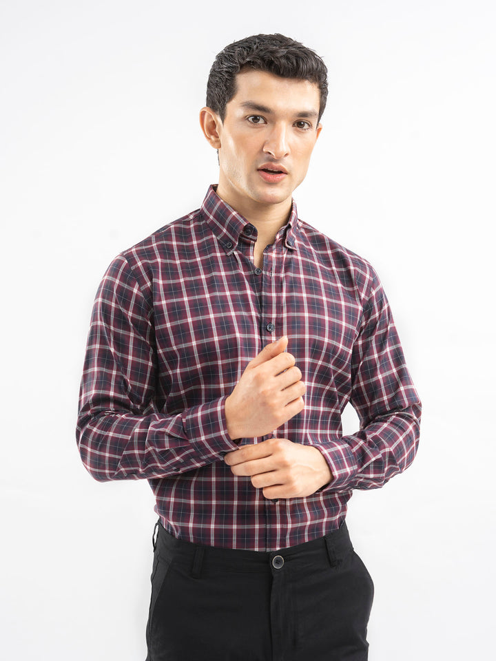 Burgundy Structured Checkered Shirt