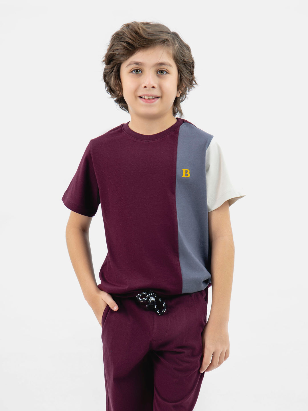 Burgundy & Grey Three Tone Casual T-Shirt Brumano Pakistan