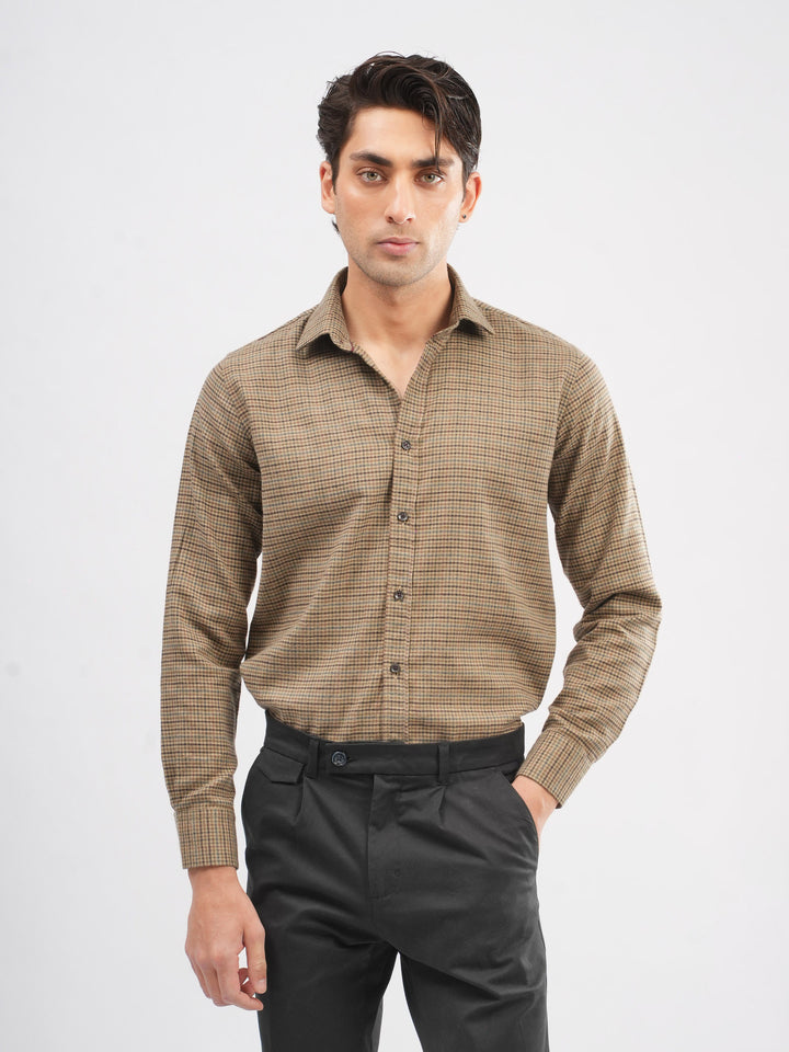 Men's camel brown gingham flannel shirt front view