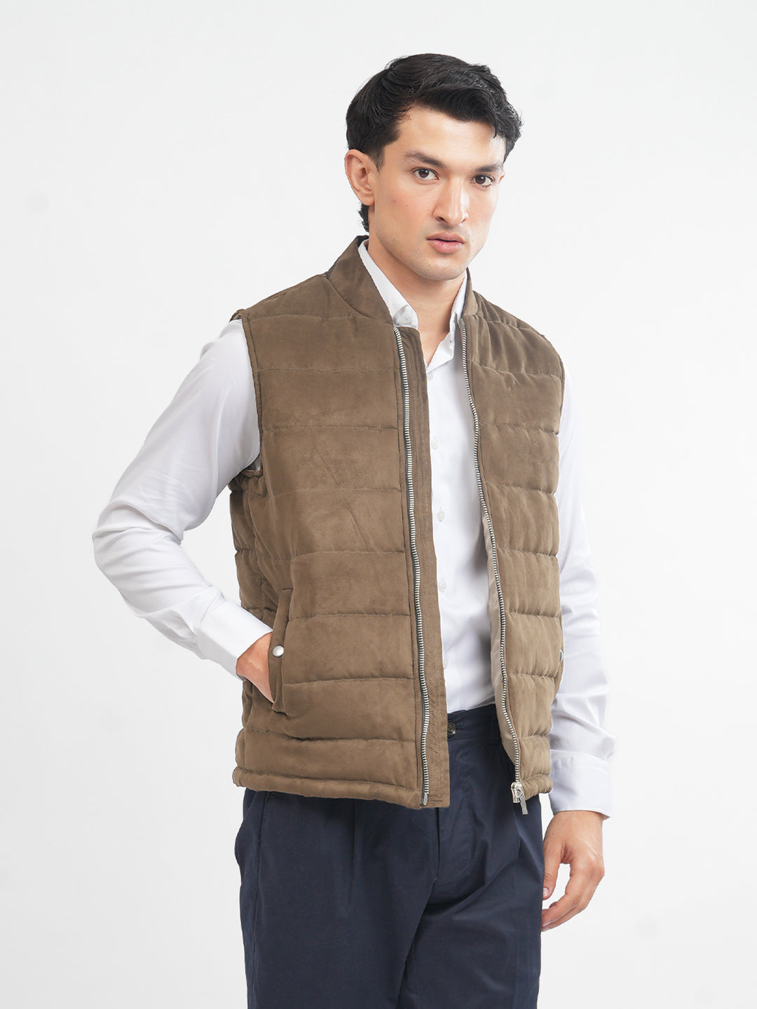 Men's camel brown suede gilet front view