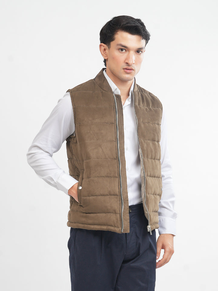 Men's camel brown suede gilet front view