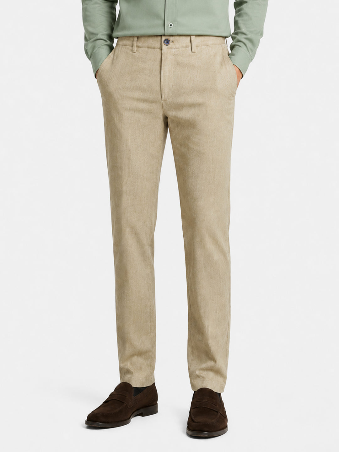 Camel brown dobby structured chinos front view
