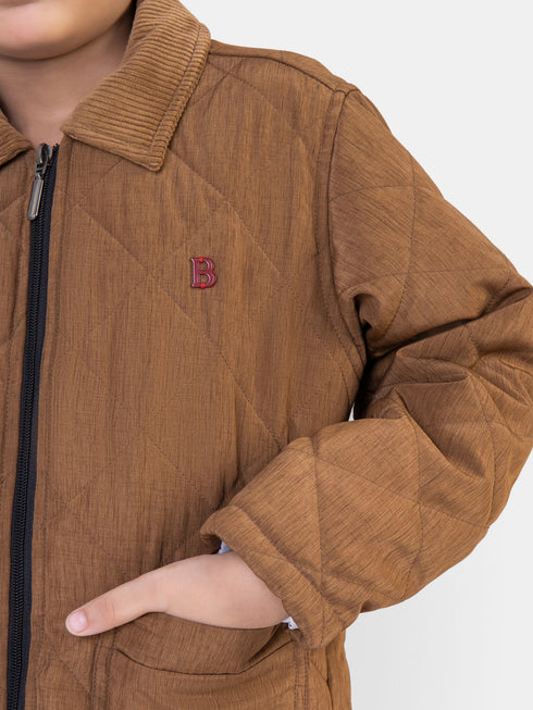 Camel Brown Padded Jacket With Corduroy Collar