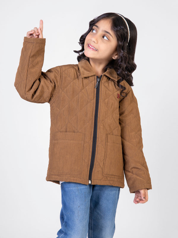 Camel Brown Padded Jacket With Corduroy Collar