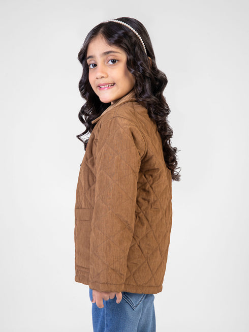 Camel Brown Padded Jacket With Corduroy Collar