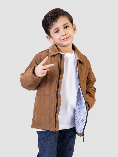 Camel Brown Padded Jacket With Corduroy Collar