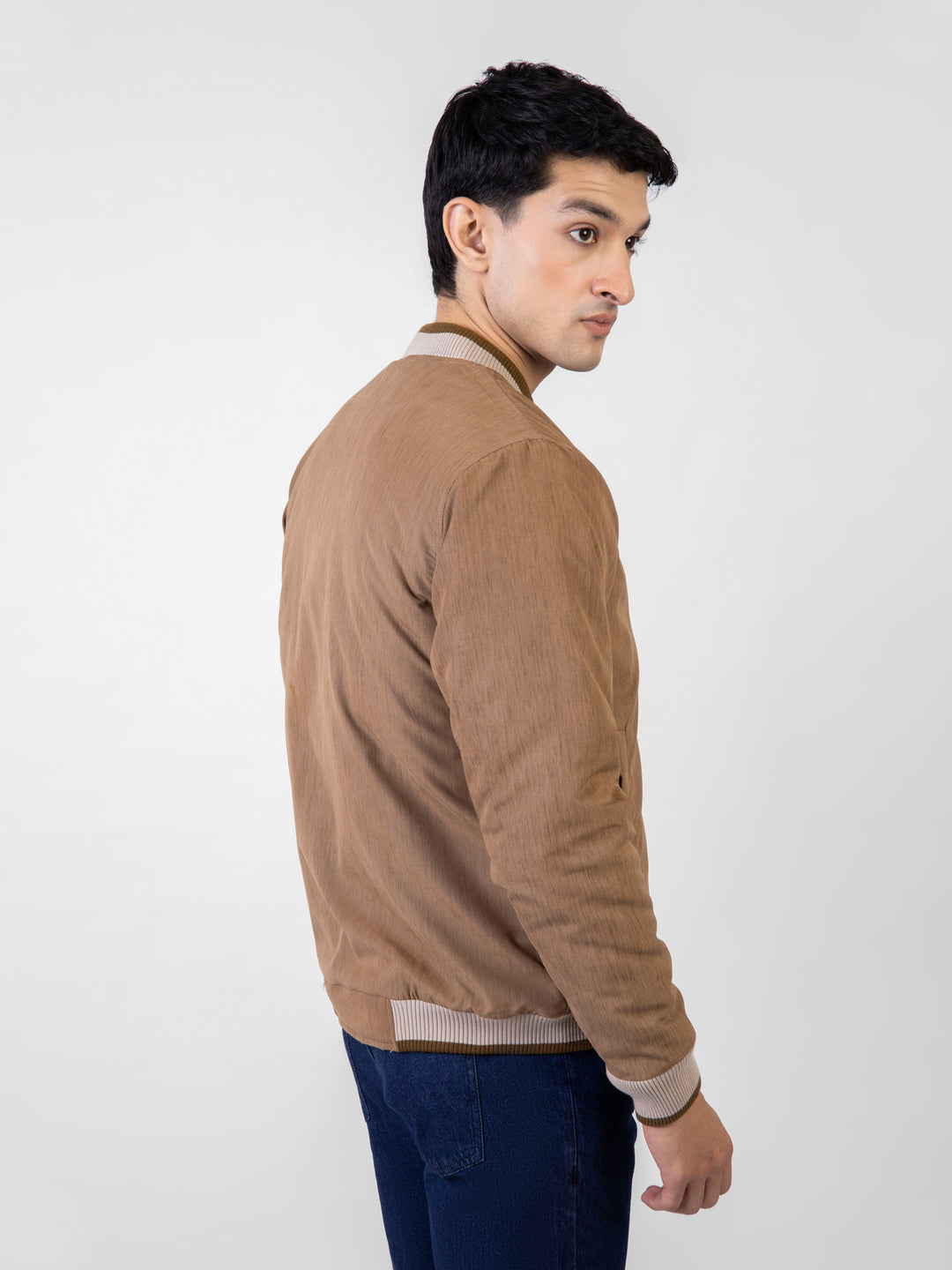 Camel Brown Quilted Bomber Jacket With Contrasting Rib