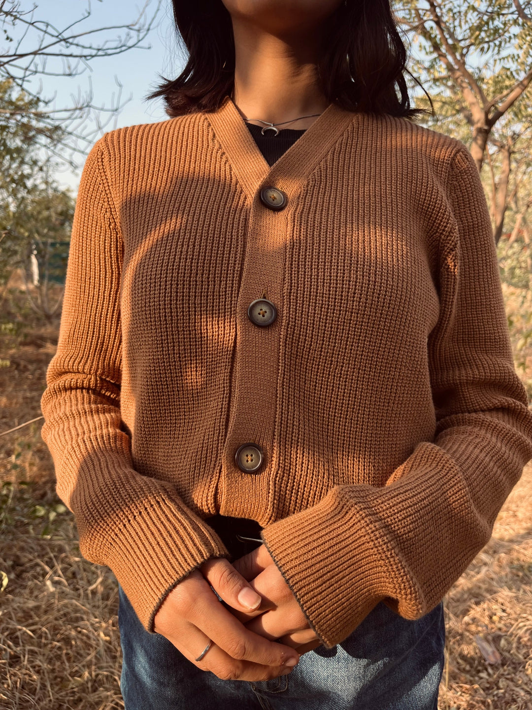 Camelbrownribbedv neckcardigan womenbrumanopakistan3