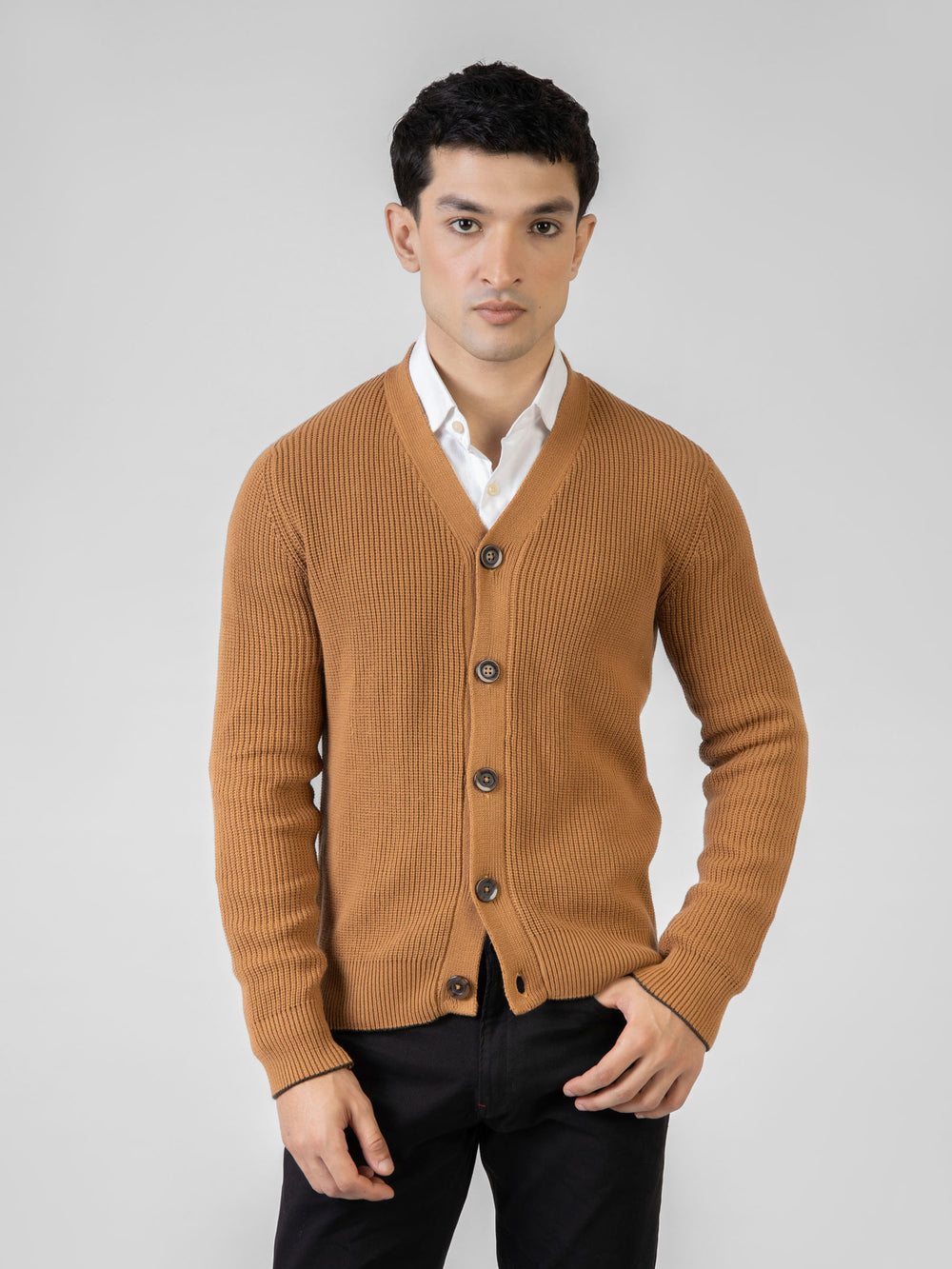Camel brown ribbed v neck cardigan brumano pakistan