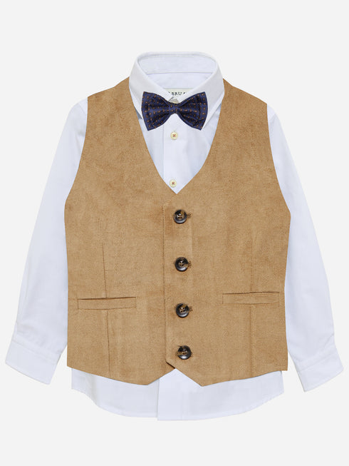 Camel Brown Velvet Formal Vest with Bow - Junior