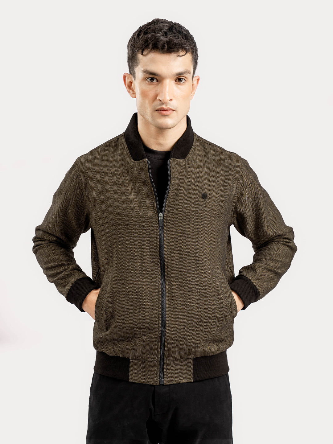 Camel Herringbone Structured Bomber Jacket