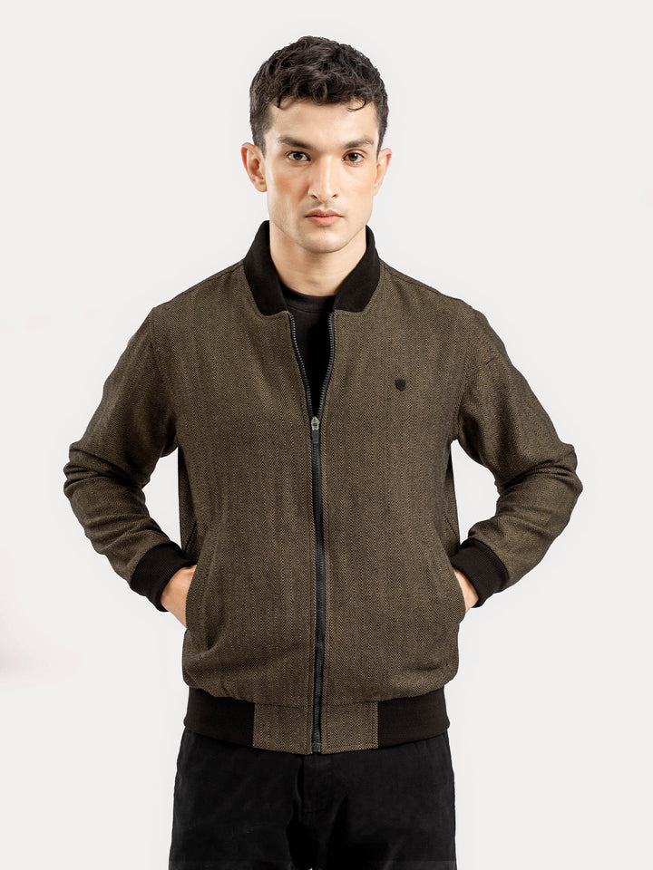 Camel Herringbone Structured Bomber Jacket