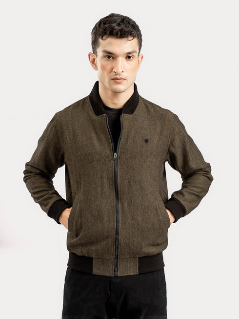 Camel Herringbone Structured Bomber Jacket